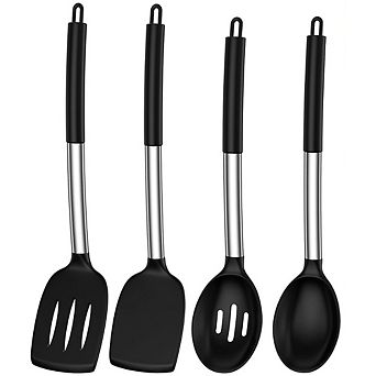 Great Ambitions 4 pc Silicone Utensil Set for Nonstick Cookware, Heat Resistant Black