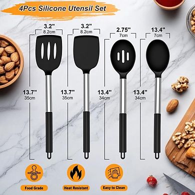 Great Ambitions 4-Pc Silicone Utensil Set for Nonstick Cookware, Heat Resistant Black