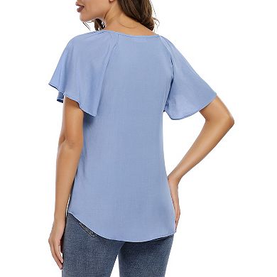 Women Blouse Short Sleeve Ruffle Sleeve Drawstring Casual Women Top