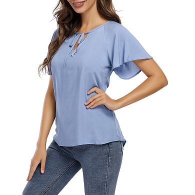 Women Blouse Short Sleeve Ruffle Sleeve Drawstring Casual Women Top