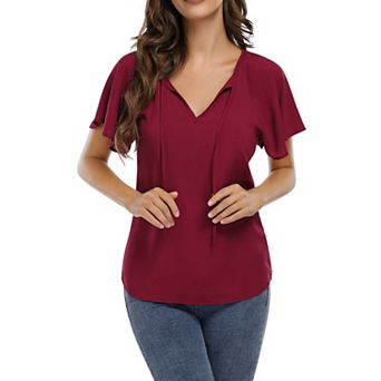 Women Blouse Short Sleeve Ruffle Sleeve Drawstring Casual Women Top