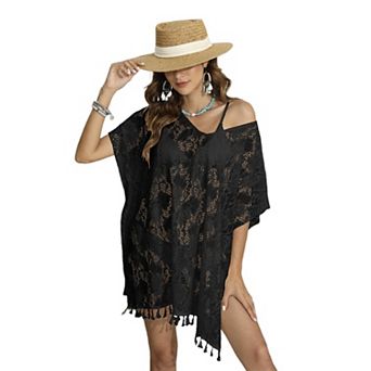 Womens V Neck Short Sleeve Crochet Knit Hollow Out Mesh Tassel Summer Beach Vacation Cover Ups