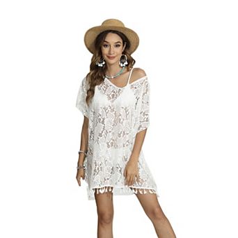 Womens V Neck Short Sleeve Crochet Knit Hollow Out Mesh Tassel Summer Beach Vacation Cover Ups