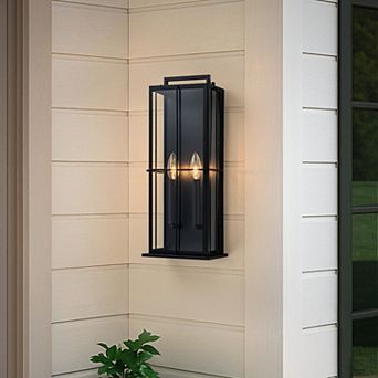 H19" Modern Large Lantern Outdoor Wall Light with Clear Glass Dual-Bulb Design and Black Finish Wal