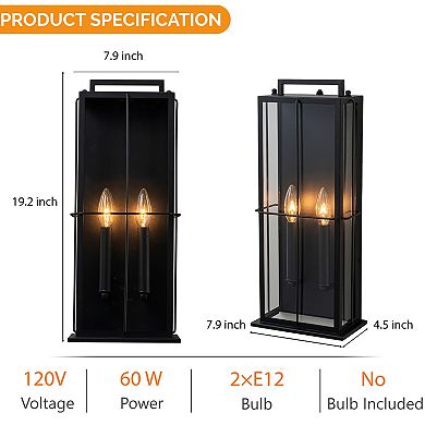 H19" Modern Large Lantern Outdoor Wall Light with Clear Glass Dual-Bulb Design and Black Finish Wal