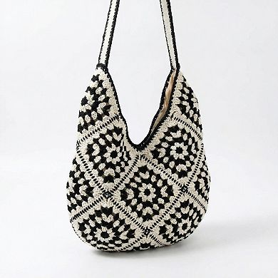 Women's Crochet Shoulder Bag Floral Pattern Open Knit Slouchy Hobo Silhouette