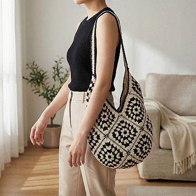 Women's Crochet Shoulder Bag Floral Pattern Open Knit Slouchy Hobo Silhouette