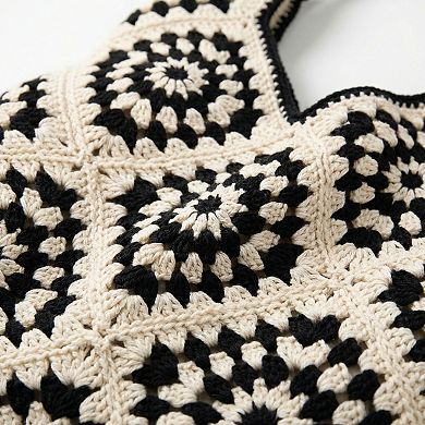 Women's Crochet Shoulder Bag Floral Pattern Open Knit Slouchy Hobo Silhouette