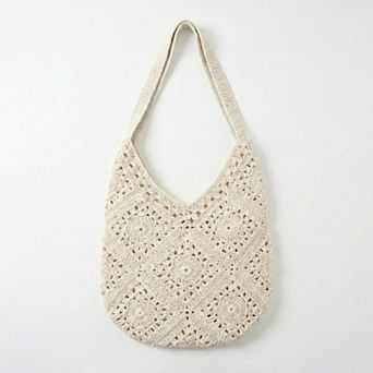 Women's Crochet Shoulder Bag with Open Knit Pattern Slouchy Hobo Silhouette and Wide Strap