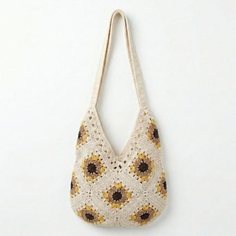 Women's Crochet Shoulder Bag with Open Knit Pattern Slouchy Hobo Silhouette and Wide Strap