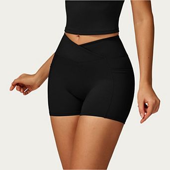 Women's High Waist Crossover Athletic Biker Shorts Stretch Workout Yoga Shorts with Side Pocket
