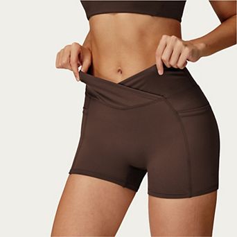 Women's High Waist Crossover Athletic Biker Shorts Stretch Workout Yoga Shorts with Side Pocket
