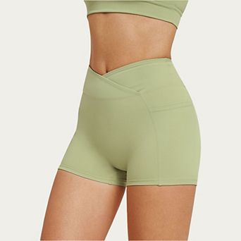 Women's High Waist Crossover Athletic Biker Shorts Stretch Workout Yoga Shorts with Side Pocket