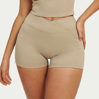 Women's High Waist Crossover Athletic Biker Shorts Stretch Workout Yoga Shorts with Side Pocket