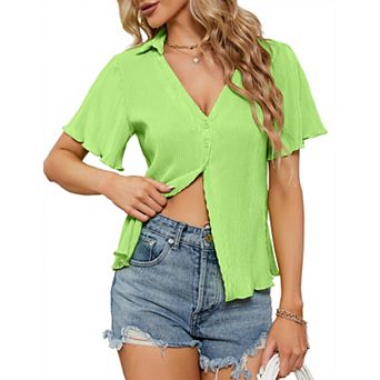 Women‘s Short Sleeve V Neck Button Down Cardigan Collared Knit Casual Pullover Sweater