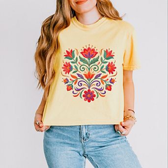 Swirly Florals Faux Texture - Women's Boxy Crop Top Graphic T-Shirt