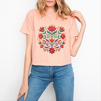 Swirly Florals Faux Texture - Women's Boxy Crop Top Graphic T-Shirt