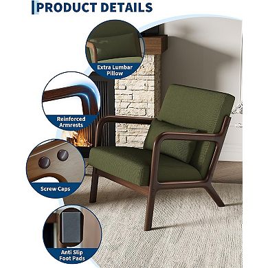 Modern Corduroy Accent Chair, Mid-Century Lounge Armchair with Lumbar Pillow, Solid Wood Frame