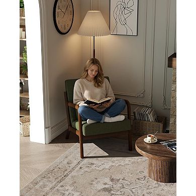 Modern Corduroy Accent Chair, Mid-Century Lounge Armchair with Lumbar Pillow, Solid Wood Frame