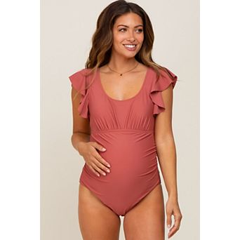 Maternity Ruffle Shoulder Pleated Side One Piece Swimsuit