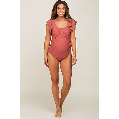 Maternity Ruffle Shoulder Pleated Side One Piece Swimsuit
