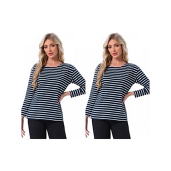 2 Packs Women's Pajama Tops Striped Print Sleep Shirts Long Sleeve Crew Neck Lounge Tees Blouse