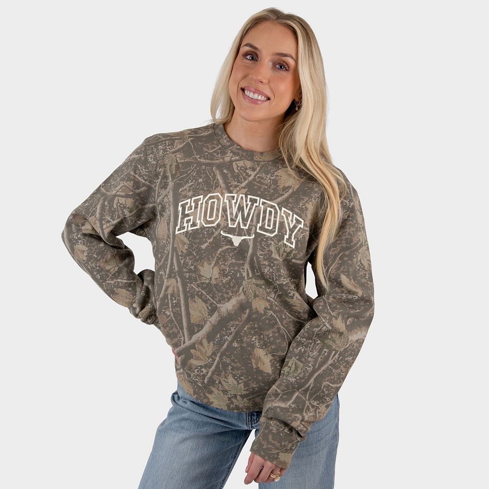 Embroidered Howdy Bull Varsity - Women's Heavyweight Camo Sweatshirt