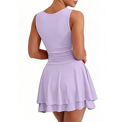 Women's Sleeveless Ruched Waist Mini Dress Square Neck Double Layer Pullover Party Dress