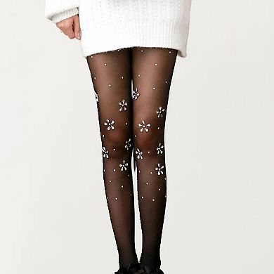 Women's Sheer Floral Rhinestone Tights, Stretch Fit Lightweight Sparkle ...