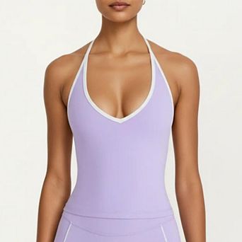Women's Halter Active Crop Top with Built In Support Ribbed Workout Tank for Yoga Fitness Training