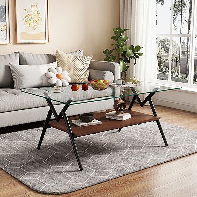 KWPZQEB 38.6Inch Modern Tempered Glass Rectangle Coffee Table for Living Room, 2 Tier