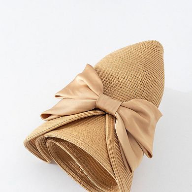 Womens Elegant Straw Sun Hat with Soft Bow Detail