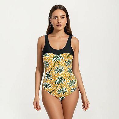 Women's Palm Tree Print One Piece Swimsuit with Scoop Neck and Contrast Upper Panel