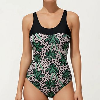 Women's Palm Tree Print One Piece Swimsuit with Scoop Neck and Contrast Upper Panel