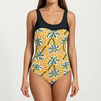 Women's Palm Tree Print One Piece Swimsuit with Scoop Neck and Contrast Upper Panel
