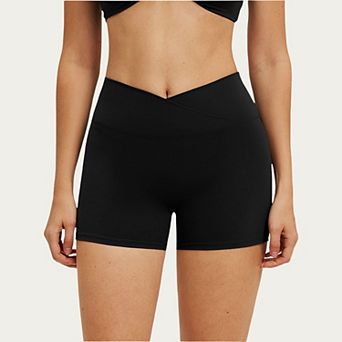 Women's High Waist Crossover Workout Biker Shorts Stretch Athletic Yoga Shorts for Training Fitness