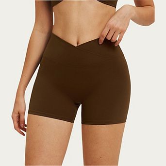Women's High Waist Crossover Workout Biker Shorts Stretch Athletic Yoga Shorts for Training Fitness