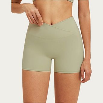 Women's High Waist Crossover Workout Biker Shorts Stretch Athletic Yoga Shorts for Training Fitness