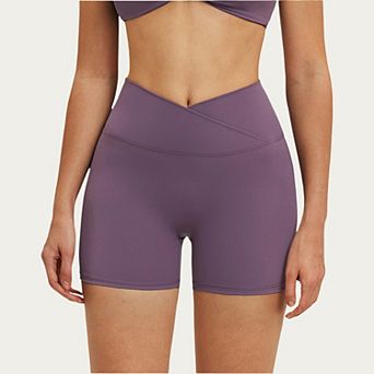 Women's High Waist Crossover Workout Biker Shorts Stretch Athletic Yoga Shorts for Training Fitness