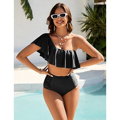 Women's Two Piece Swimsuit Sets One Shoulder Ruffle High Waist