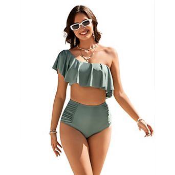 Women's Two Piece Swimsuit Sets One Shoulder Ruffle High Waist