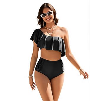 Women's Two Piece Swimsuit Sets One Shoulder Ruffle High Waist