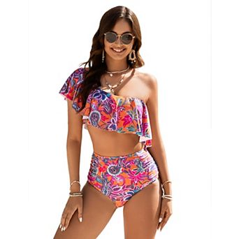 Women's Two Piece Swimsuit Sets One Shoulder Ruffle High Waist