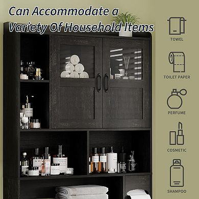 Adjustable Over Toilet Bathroom Storage Cabinet, Glass Door & Sliding Barn Doors, for Laundry Room