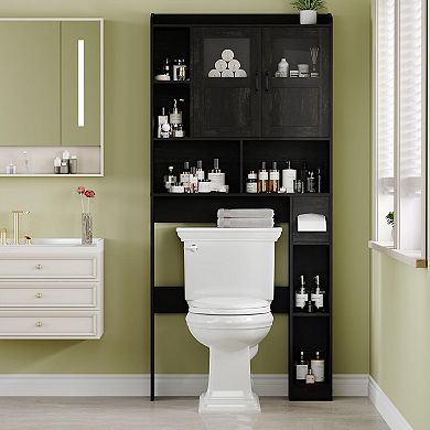 Adjustable Over Toilet Bathroom Storage Cabinet, Glass Door & Sliding Barn Doors, for Laundry Room
