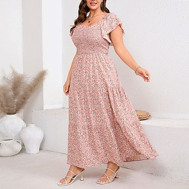 Women's Plus Size Floral Maxi Dress Square Neck Smocked Short Flutter Sleeve Summer Beach Dress