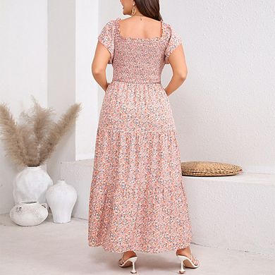 Women's Plus Size Floral Maxi Dress Square Neck Smocked Short Flutter Sleeve Summer Beach Dress
