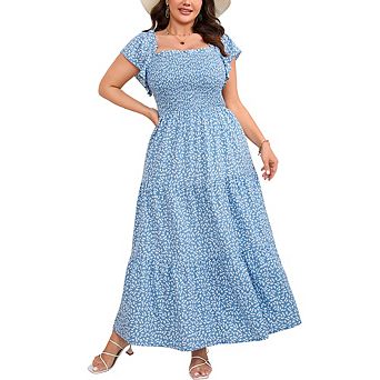 Women's Plus Size Floral Maxi Dress Square Neck Smocked Short Flutter Sleeve Summer Beach Dress