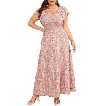 Women's Plus Size Floral Maxi Dress Square Neck Smocked Short Flutter Sleeve Summer Beach Dress