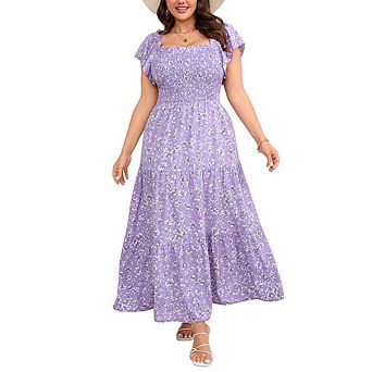 Women's Plus Size Floral Maxi Dress Square Neck Smocked Short Flutter Sleeve Summer Beach Dress